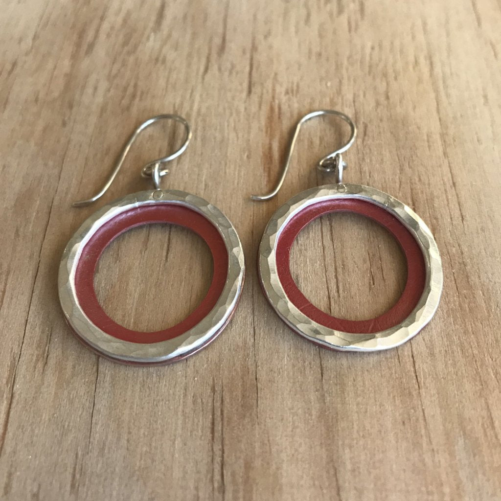 Red Copper and Textured Silver Hoop Earrings